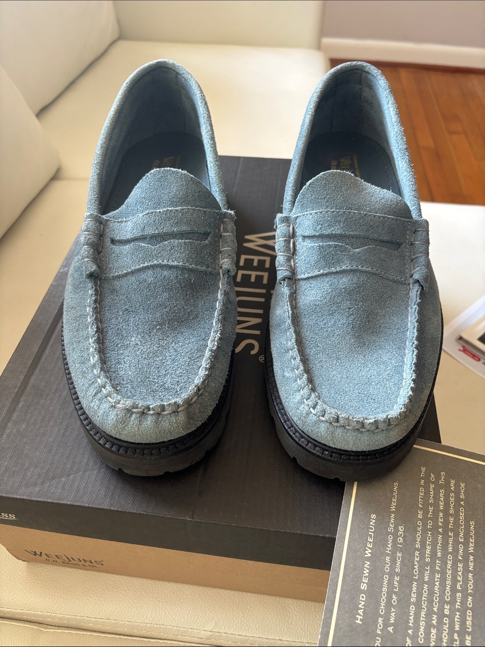 Weejuns Men’s Suede Penny Loafers in Dusty Blue